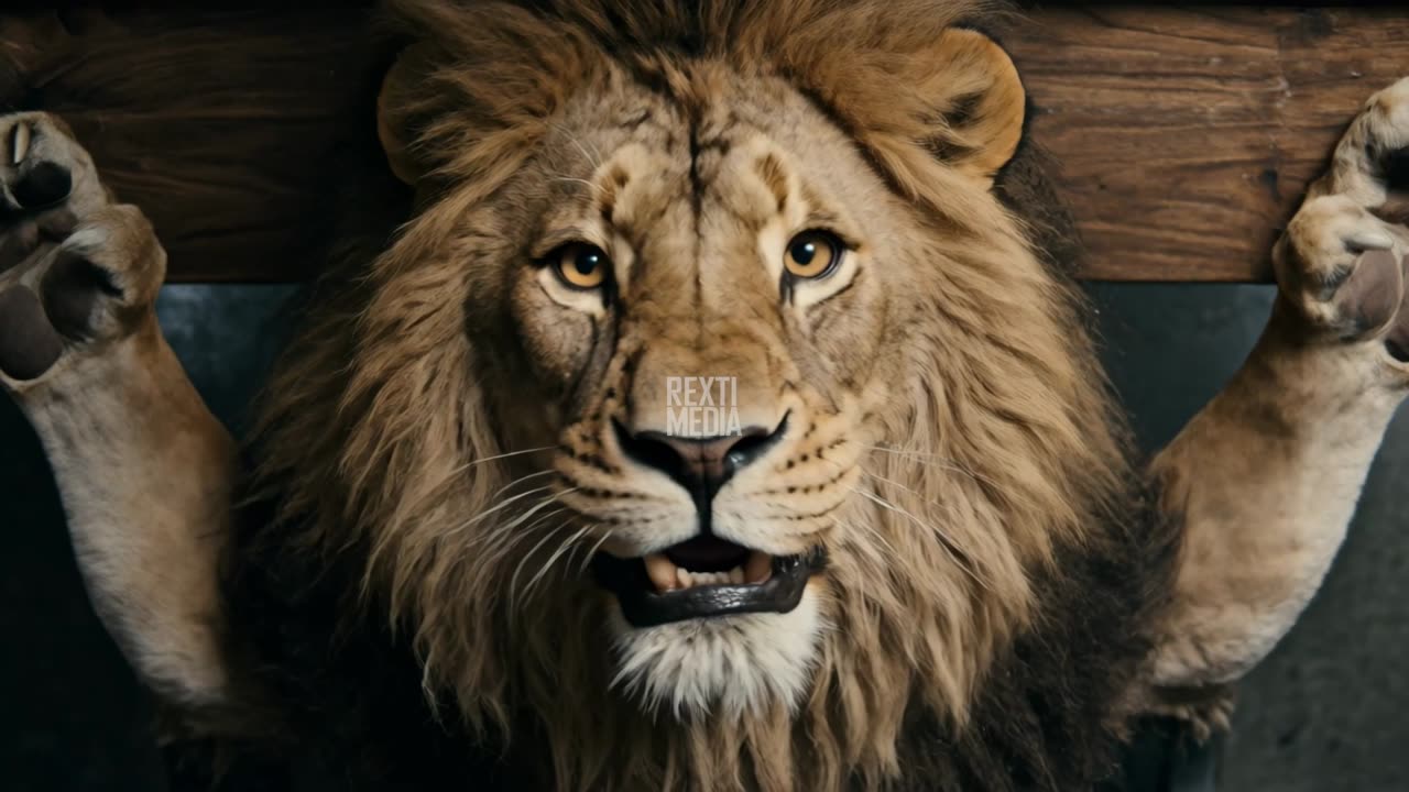The lion gripping a barbell, mid-lift