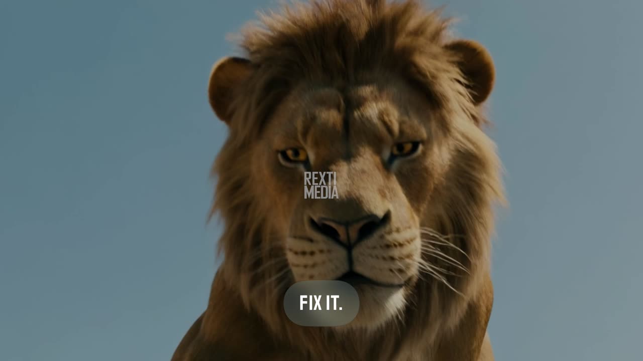 The lion against a pale blue sky with the caption Fix it