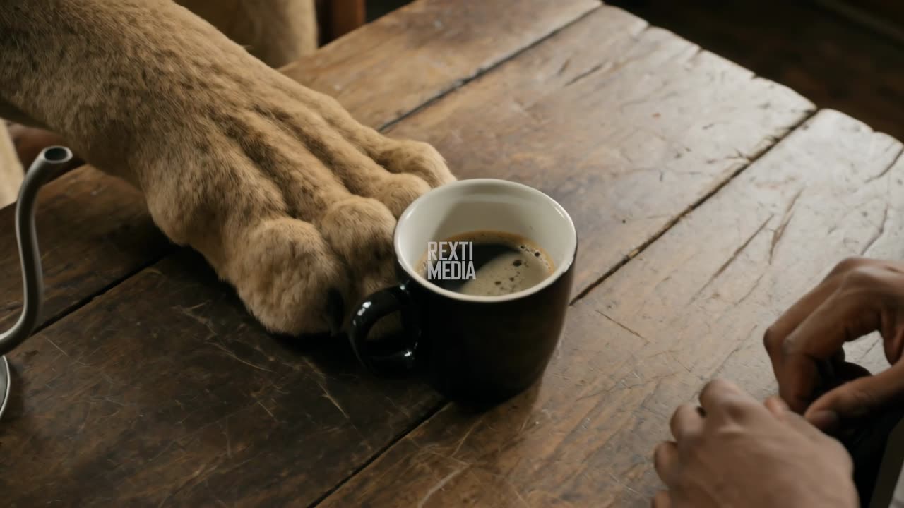 The lion’s paw resting beside a coffee mug on a walnut table